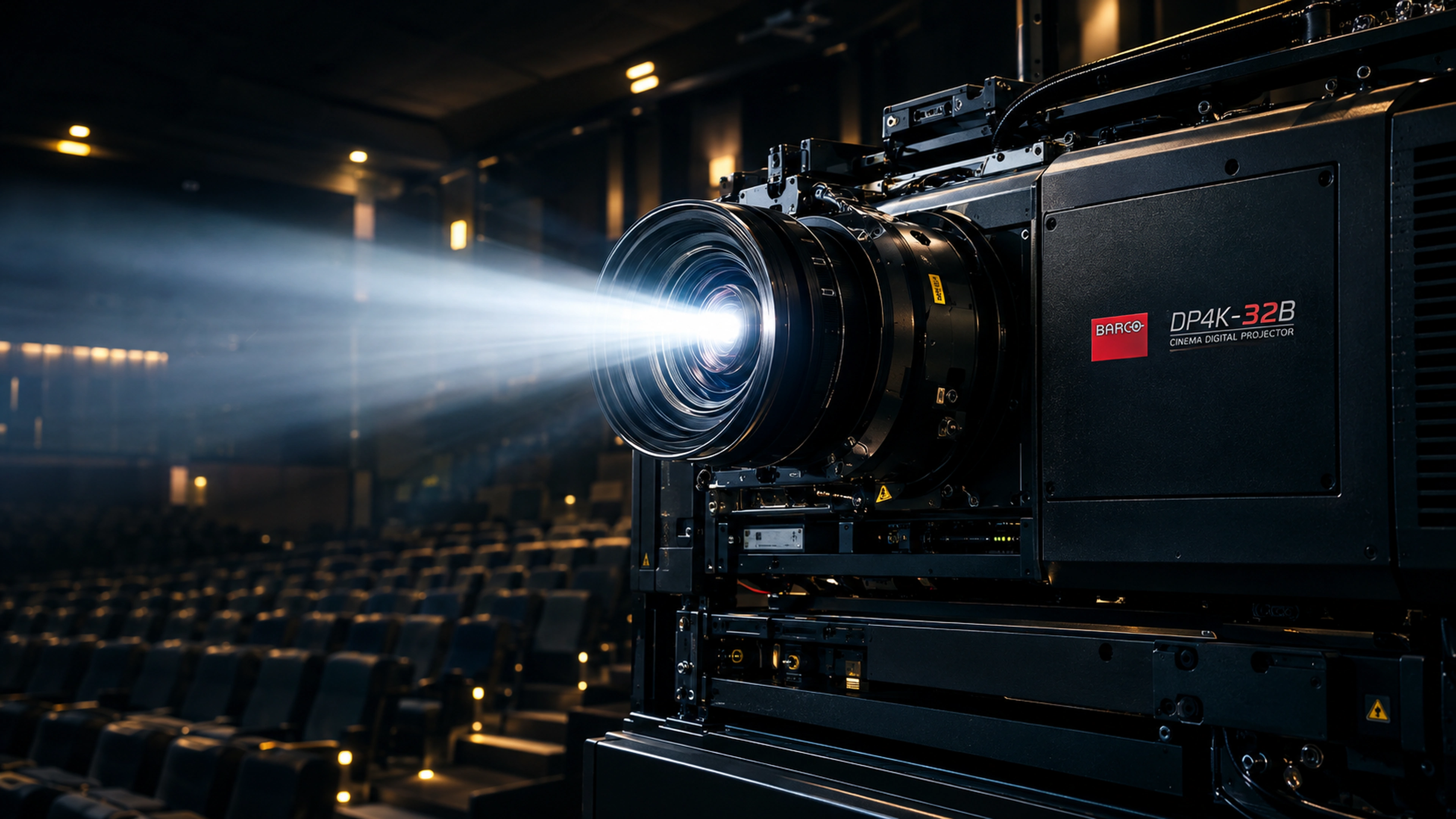 Proyektor digital cinema Barco dengan sorot cahaya di auditorium